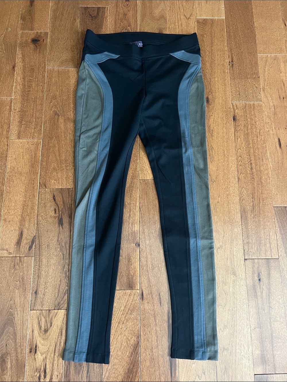 Hale Bob Black Leggings with Olive and Gray Side Panels